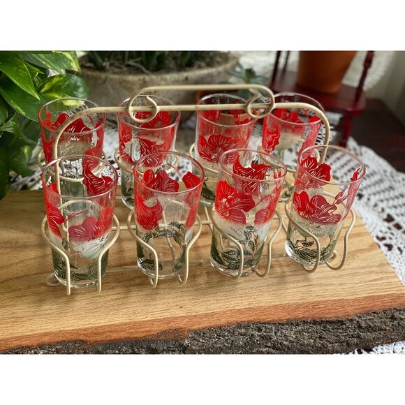 Hazel atlas Hawaiian hibiscus drinking glasses with caddy - 8 glasses - Picture 1 of 4